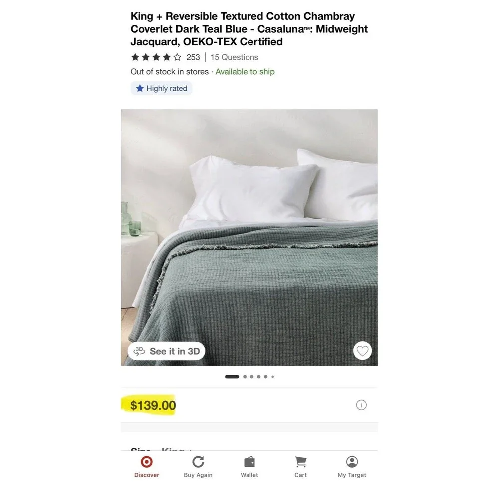King + Reversible Textured Cotton Chambray Coverlet Dark Teal Blue - Casaluna